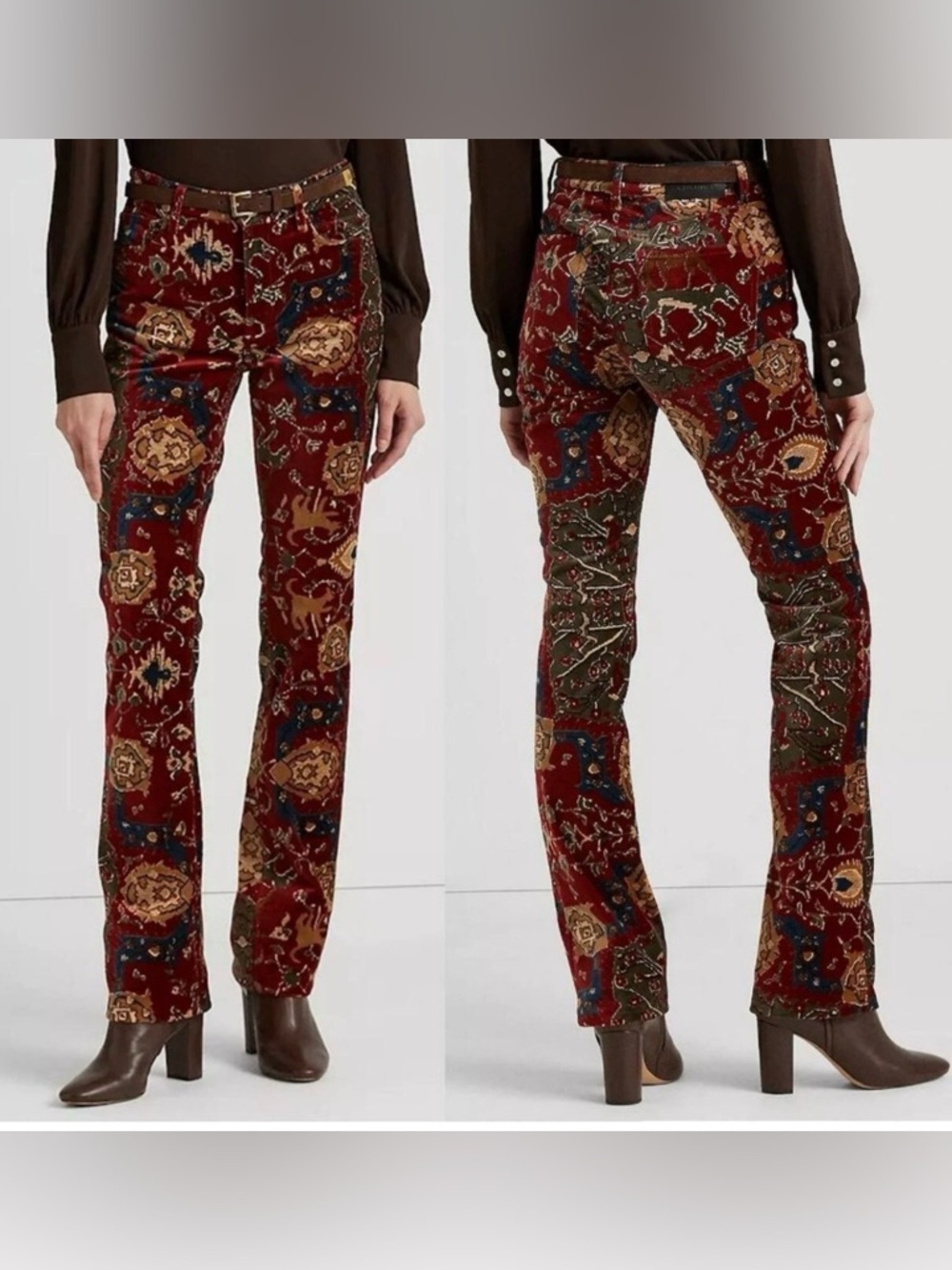 Lauren Ralph Lauren Velvet Bootcut Pants High Rise Tapestry Print Boho Women 8